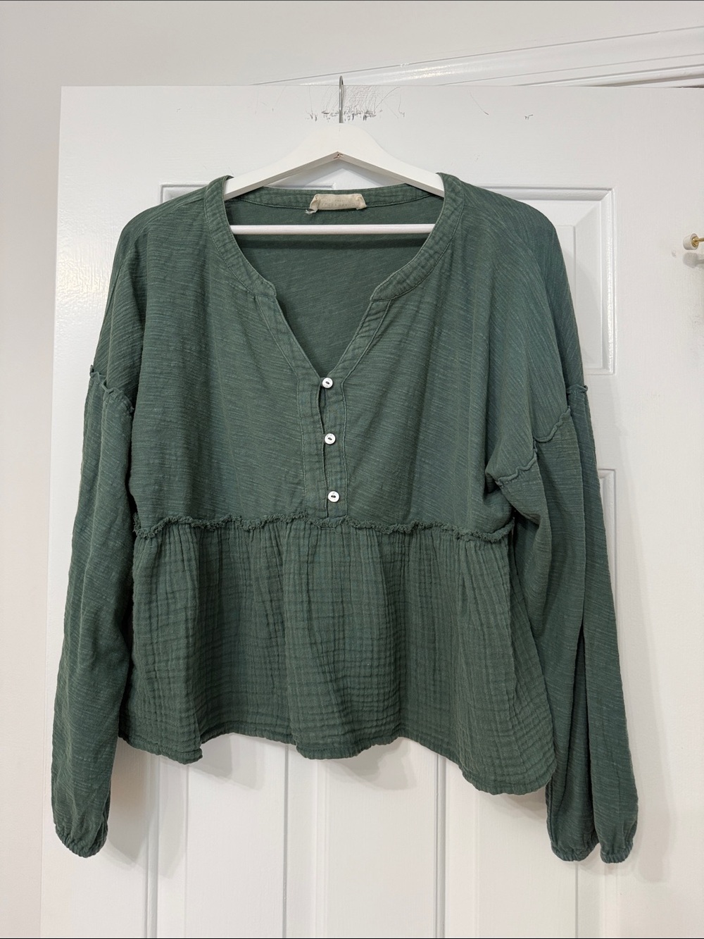 Lucky Brand Green Cotton Button-Up Peplum Blouse